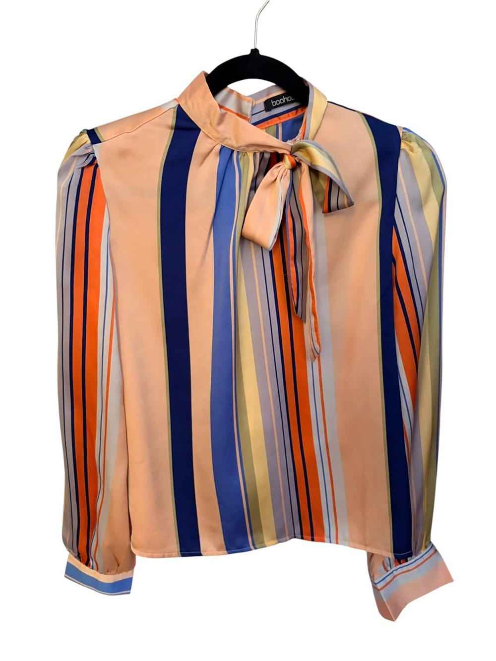 Boohoo Peach and Navy Multi-Stripe Tie-Neck Blouse